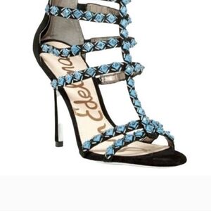 Sam Edelman Alina Strappy Beaded Heel in Black/Turquoise Size 8.5